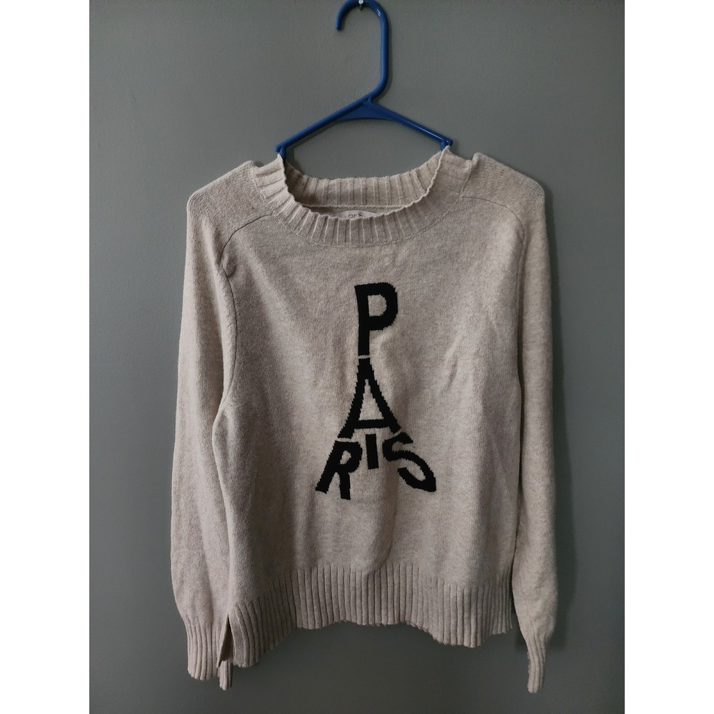 Loft Paris Graphic Knit Sweater Oatmeal Beige Crewneck Pullover Size Medium